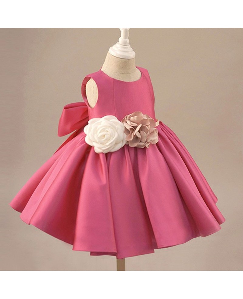 Fuchsia Satin Classic Flower Girl Dress Elegant With Flowers And Bow