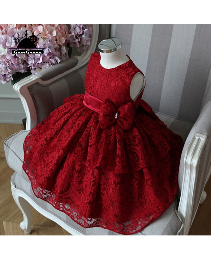High-end Burgundy Lace Princess Flower Girl Dress Girls Pageant Gown