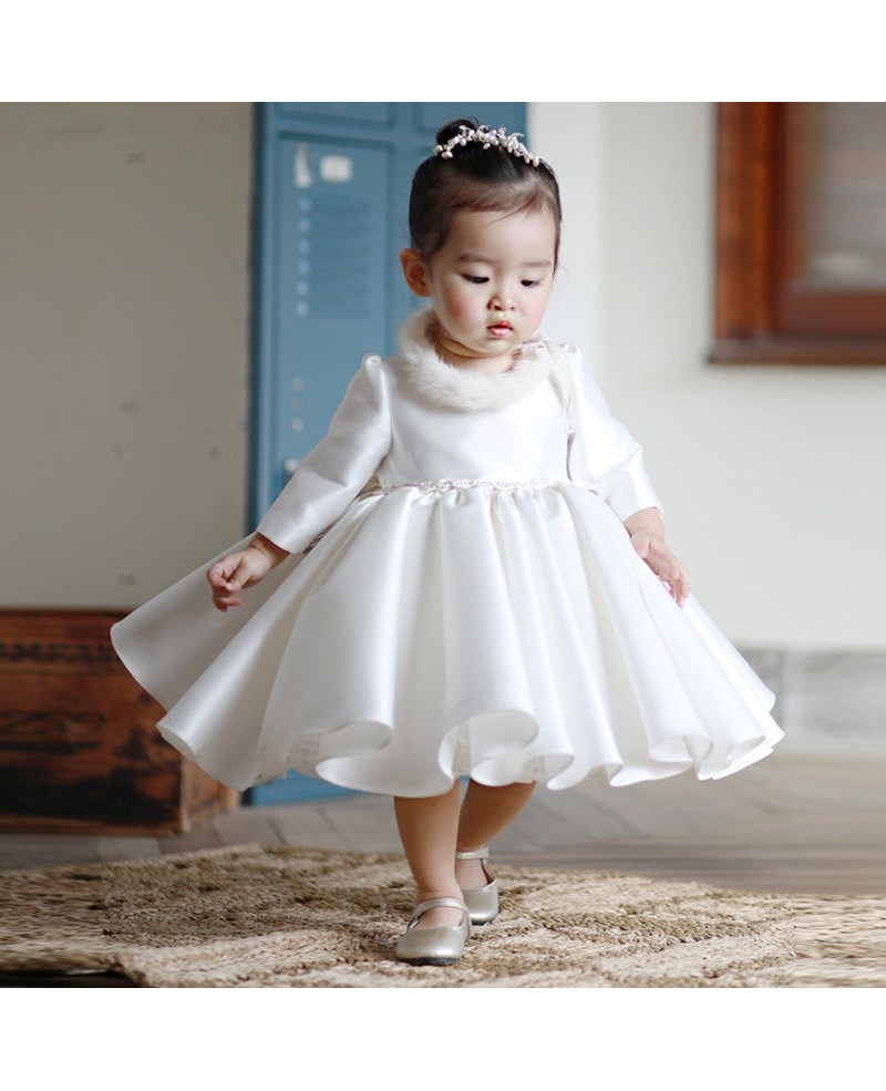 High-end Ivory Satin Flower Girl Dress Modern With Sleeves Toddler Girls Pageant Gown