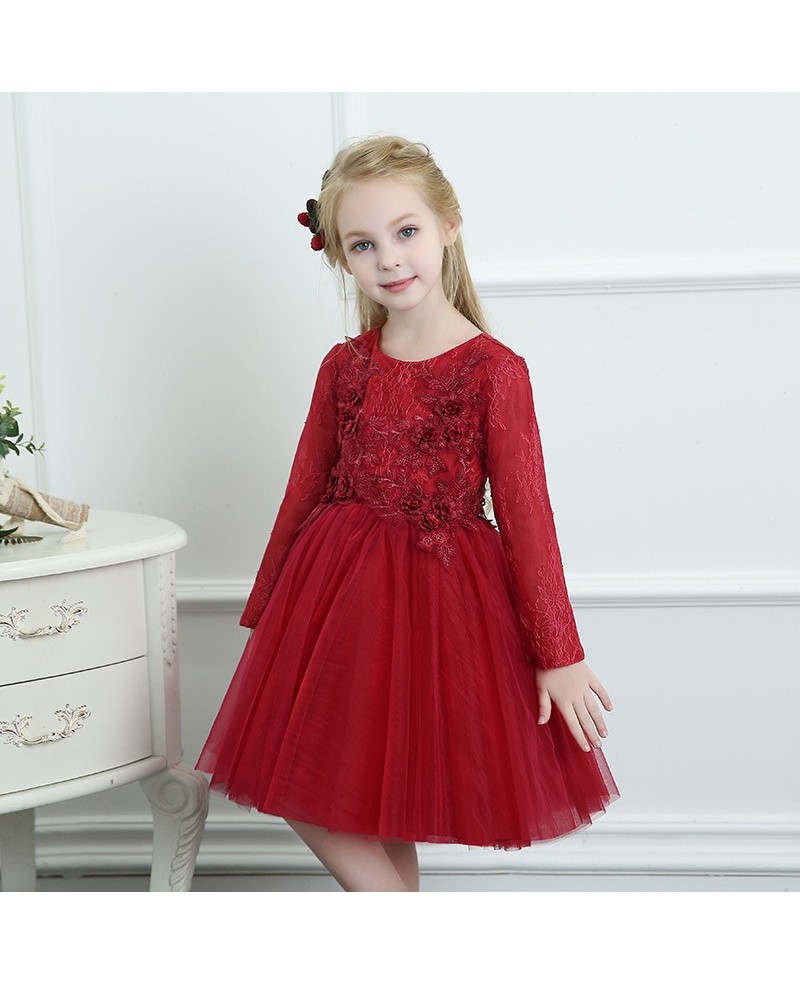 Burgundy Tulle Short Flower Girl Dress With Long Sleeves For Spring Weddings - Click Image to Close
