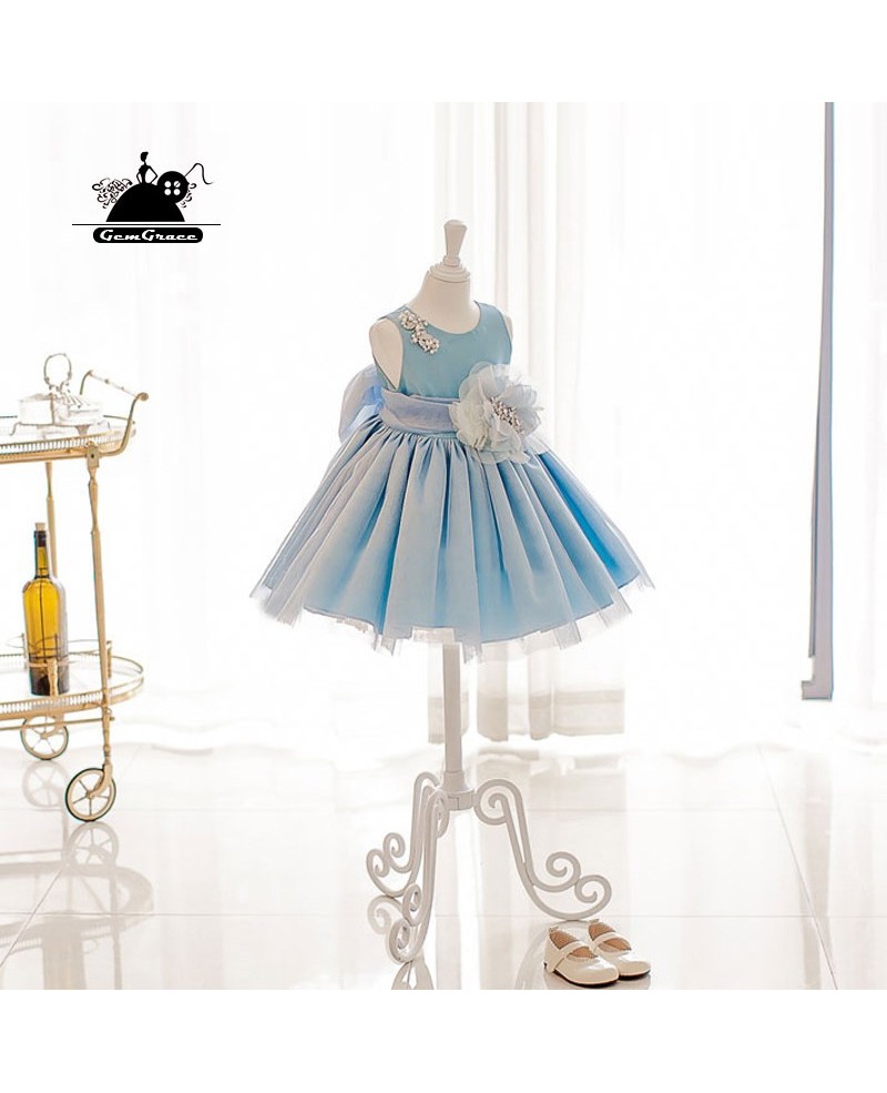 Blue Princess High-end Flower Girl Dress With Big Bow For Formal Parties