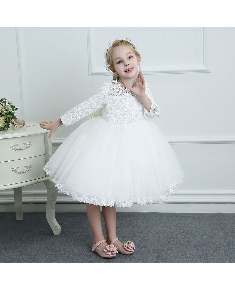 Couture White Lace Long Sleeve Flower Girl Dress Wedding Dress Ballgown High Quality