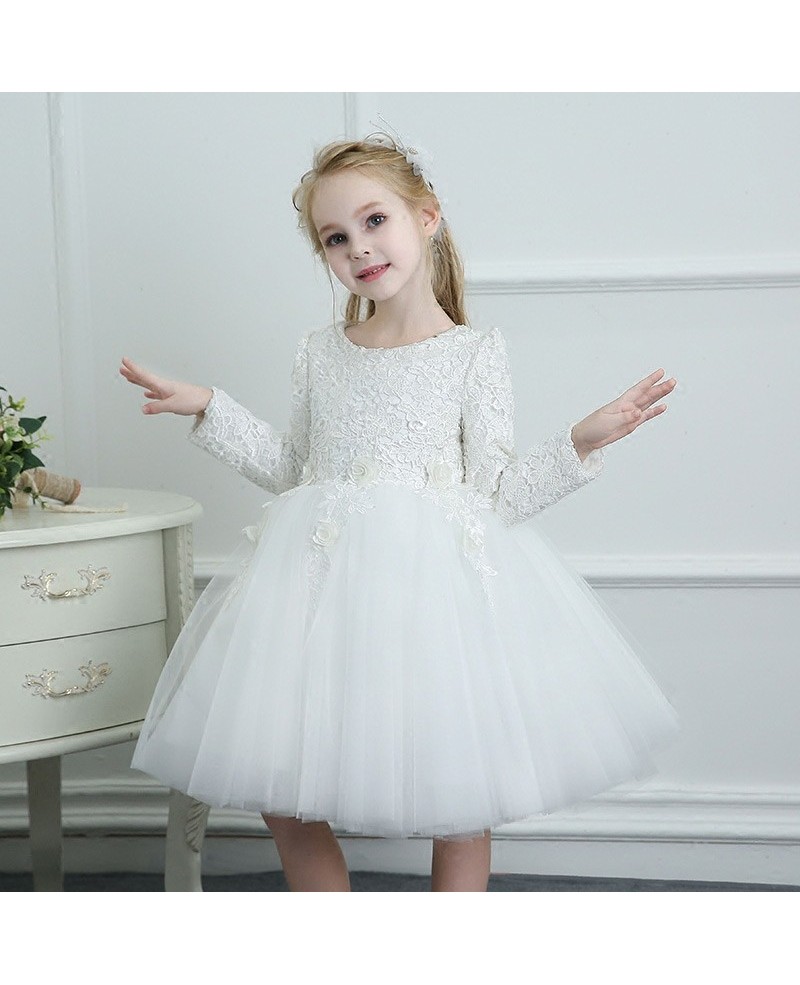 White Spring Tutus Flower Girl Dress Tulle Long Sleeves For Winter Weddings