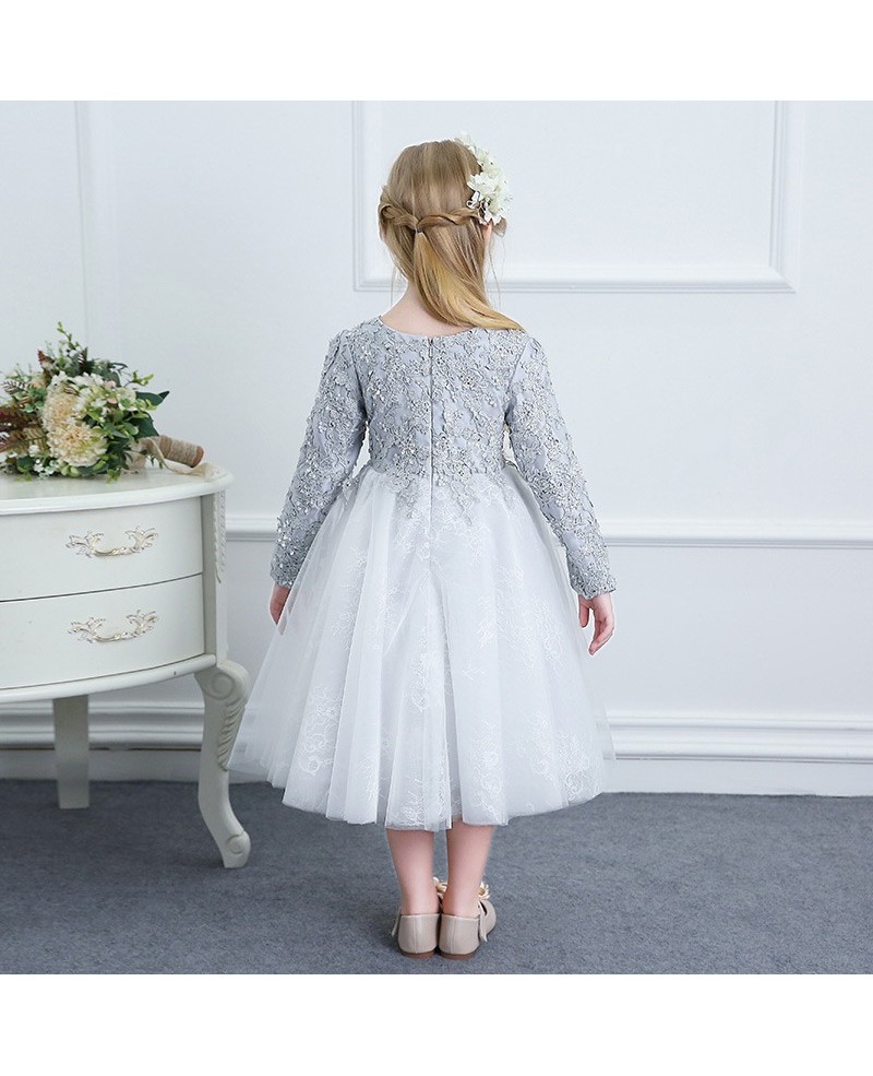 Beaded Grey Lace Couture Flower Girl Dress Spring Weddings With Long Sleeves - Click Image to Close