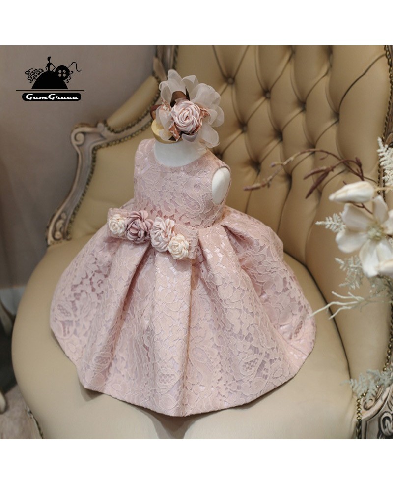 Blush Pink Lace Couture Flower Girl Dress With Flowers Pageant Dress For Girls - Click Image to Close