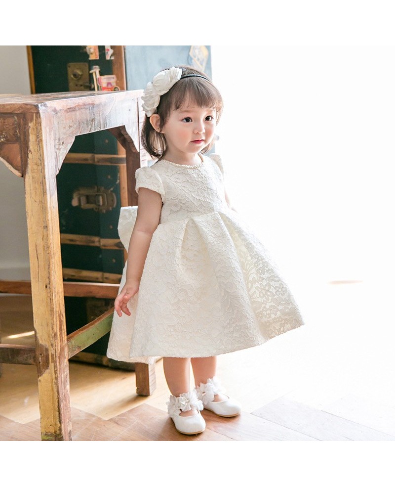 Cream White Lace Couture Flower Girl Dress With Bow Pageant Gown For Performance