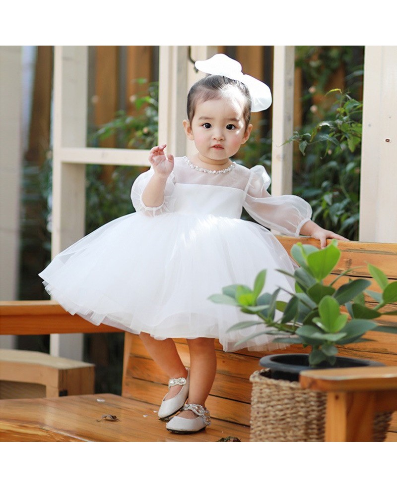 Super Cute White Tutu Flower Girl Dress With Bubble Sleeves - Click Image to Close