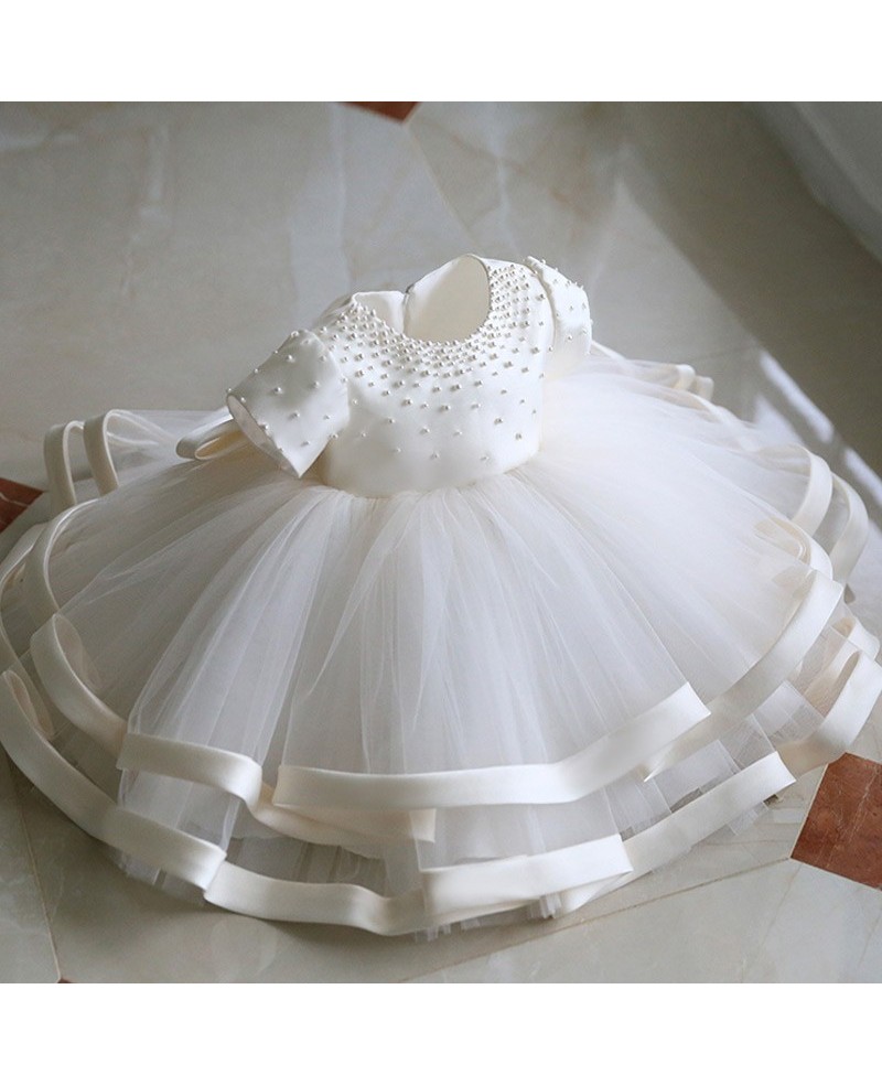 High-end Beaded Ivory Puffy Flower Girl Dress Pageant Gown With Sleeves - Click Image to Close
