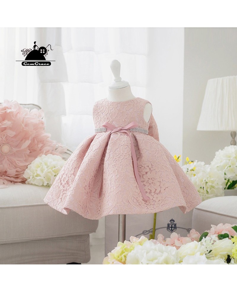 Blush Pink Lace Flower Girl Dress With Bow Toddler Girls Pageant Gown - Click Image to Close