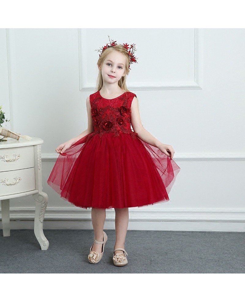 Burgundy Sleeveless Tulle Girls Pageant Gown Performance Party Dress