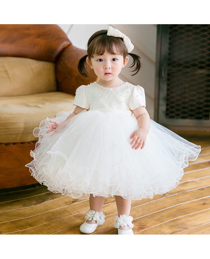 Lovely Princess White Puffy Beaded Flower Girl Dress With Short Sleeves