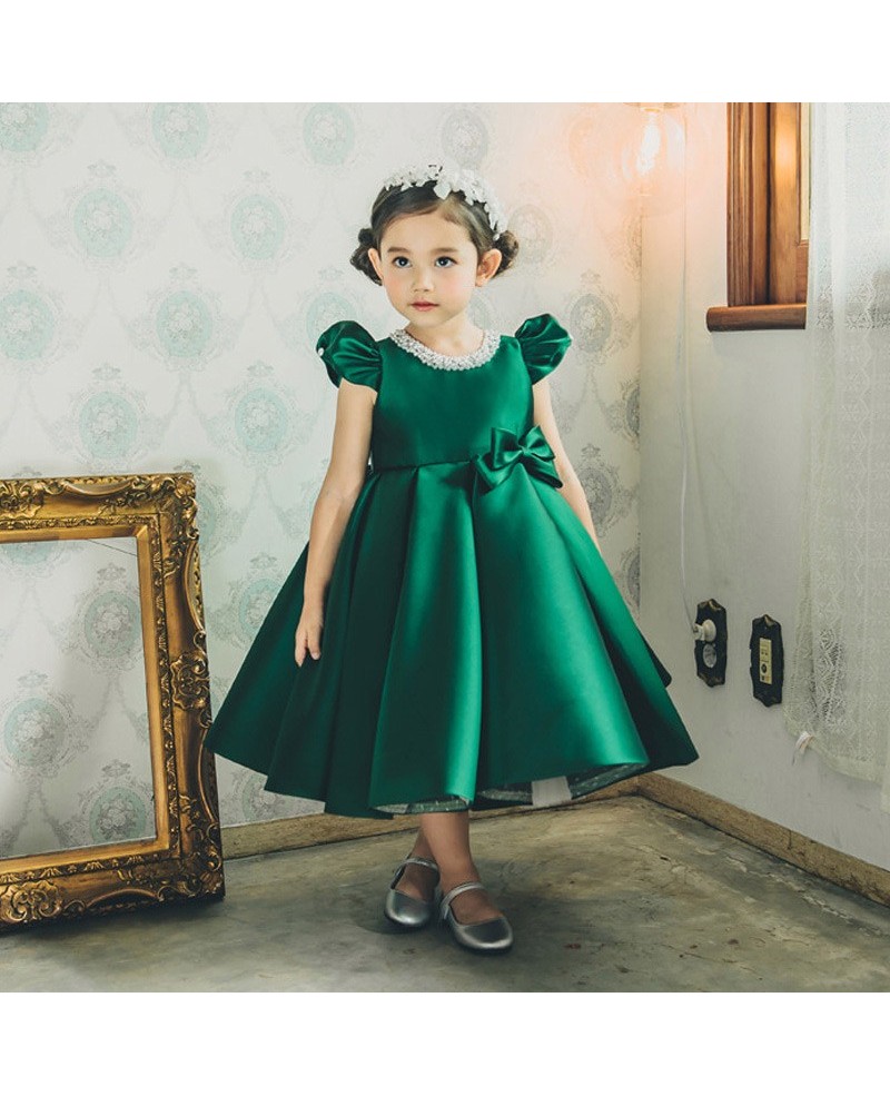 Vintage Couture Green Satin Flower Girl Dress With Bubble Sleeves For Formal - Click Image to Close