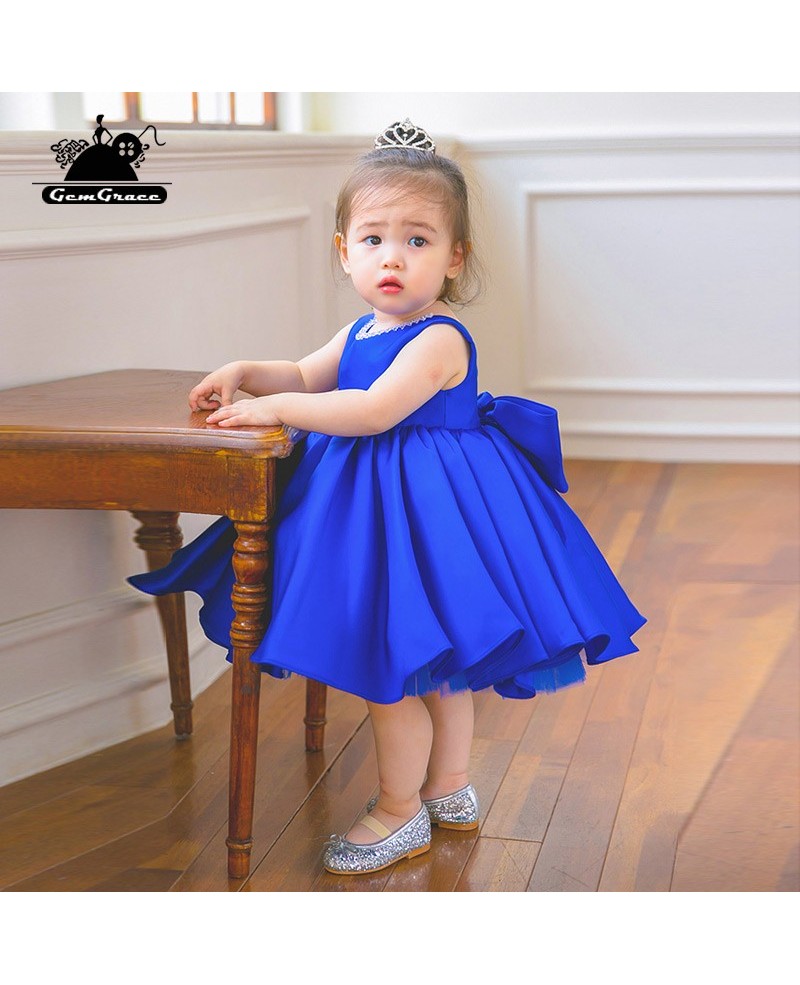 Blue Satin Couture Flower Girl Dress Elegant Summer Weddings With Bow - Click Image to Close