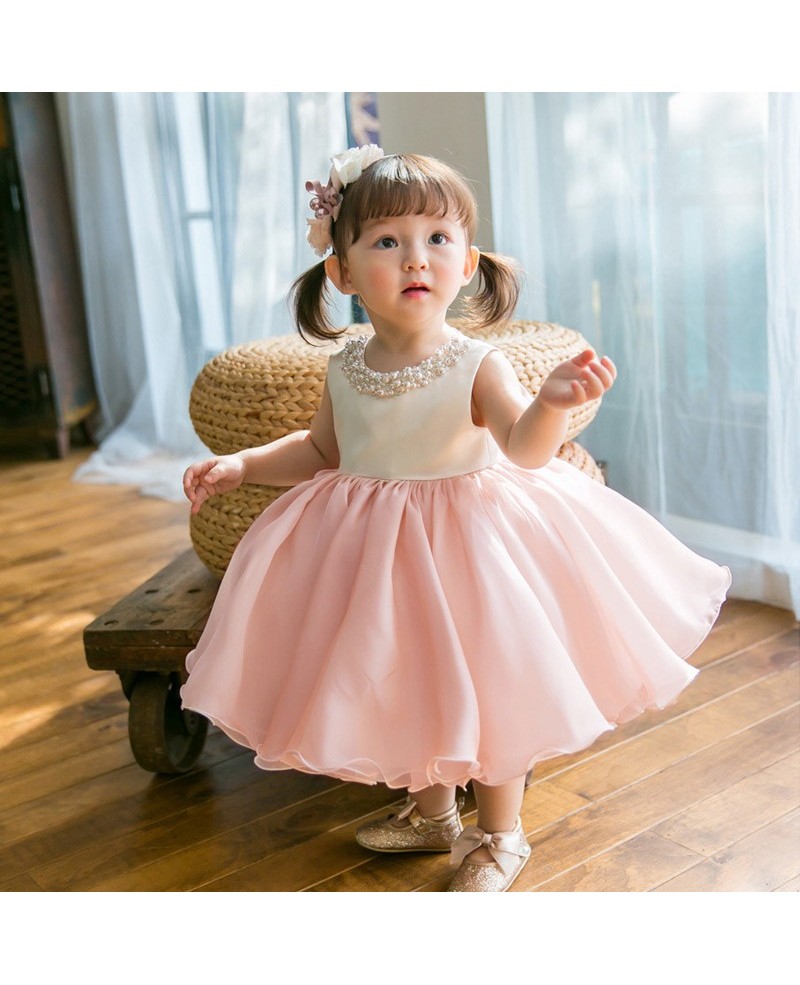Couture Pink And White Ballgown Flower Girl Dress With Pearls