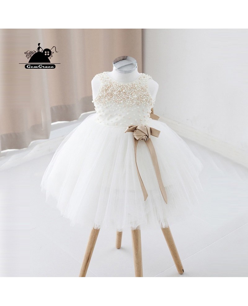 Ivory Short Tulle Beaded Flower Girl Dress Tutus Wedding Dress For Girls