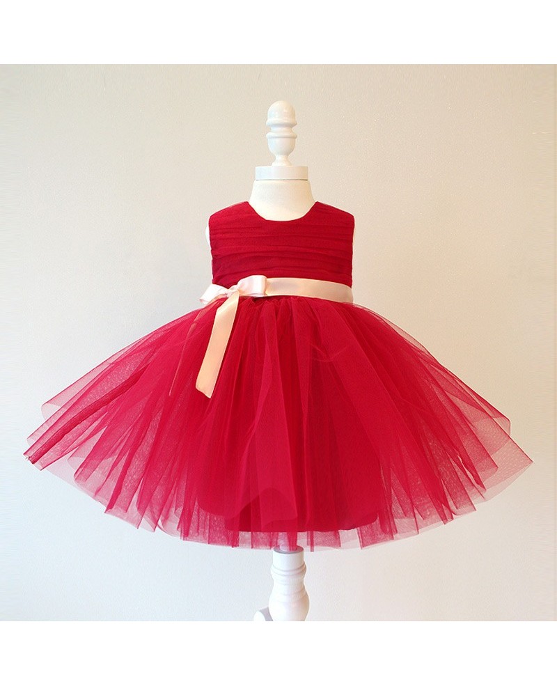 Burgundy Short Tutu Flower Girl Dress With Sash Pageant Gown For Girls