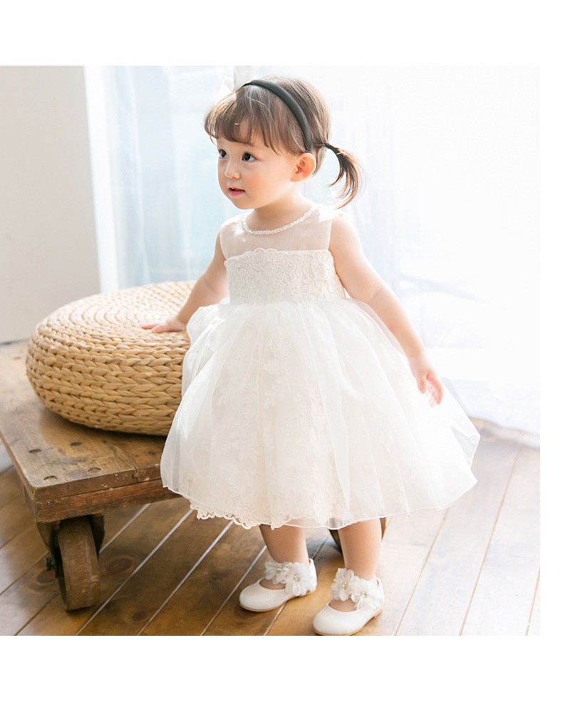 Elegant Ivory Lace Wedding Dress Flower Girl Pageant Gown With Bow In Back - Click Image to Close