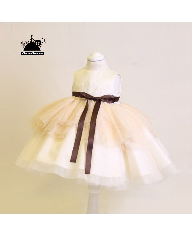 Unique Champagne Couture Flower Girl Dress With Sash Wedding Dress For Kids