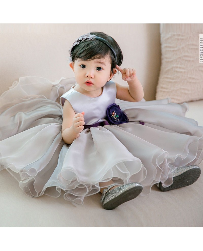 Grey Puffy Organza Flower Girl Dress For Toddler Girls High Quality