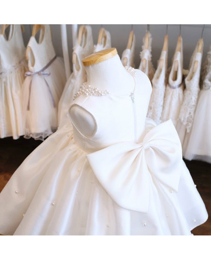 Designer Baby Collar Ivory Flower Girl Dress With Pearls Big Bow In Back