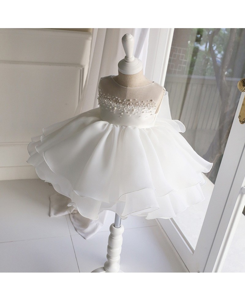 Elegant White Beaded Pearls Girls Formal Dress Toddler Flower Girl Dress