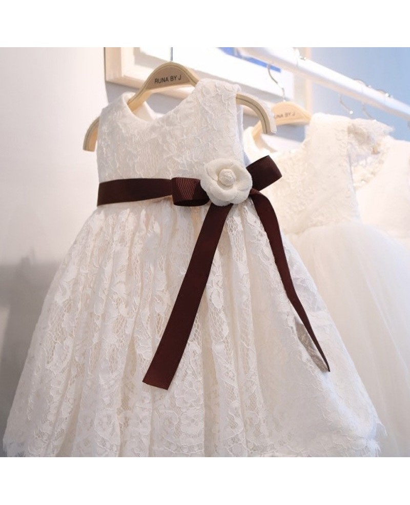 White Lace Classic Flower Girl Dress With Burgundy Sash For Formal - Click Image to Close