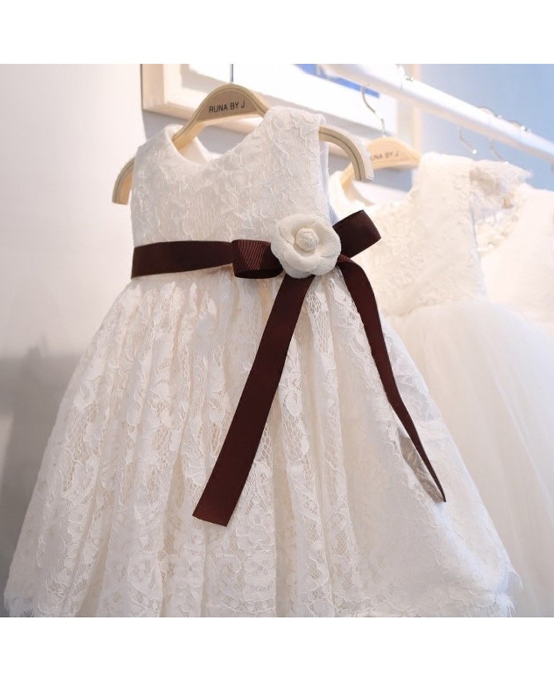 White Lace Classic Flower Girl Dress With Burgundy Sash For Formal