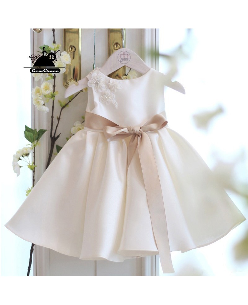 Simple Ivory Satin Flower Girl Dress With Sash Summer Weddings - Click Image to Close