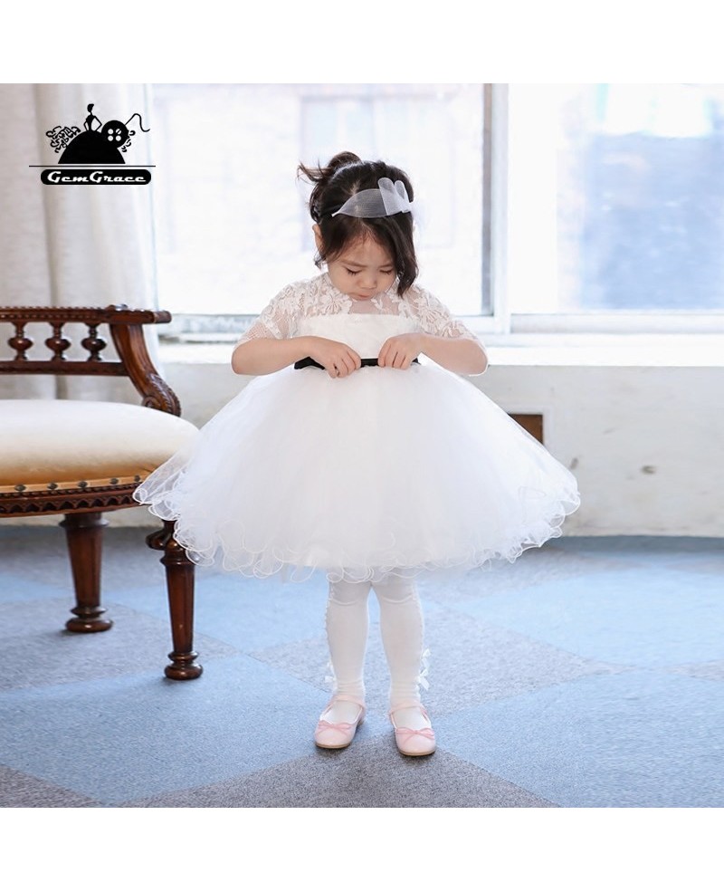 Cute White Tutu Ballet Dance Flower Girl Dress With Sleeves For Performance - Click Image to Close