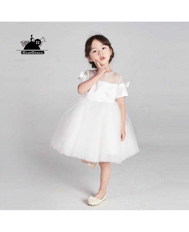 Couture White Tulle Short Flower Girl Dress With Sleeves And Bows