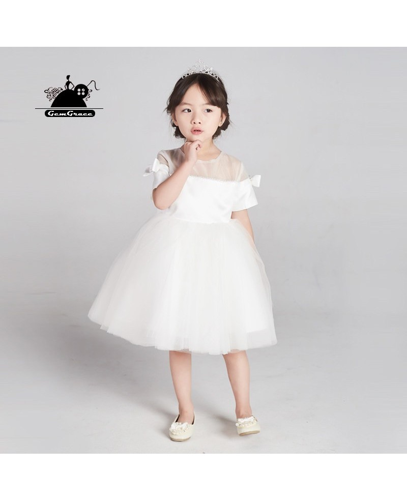 Couture White Tulle Short Flower Girl Dress With Sleeves And Bows ...