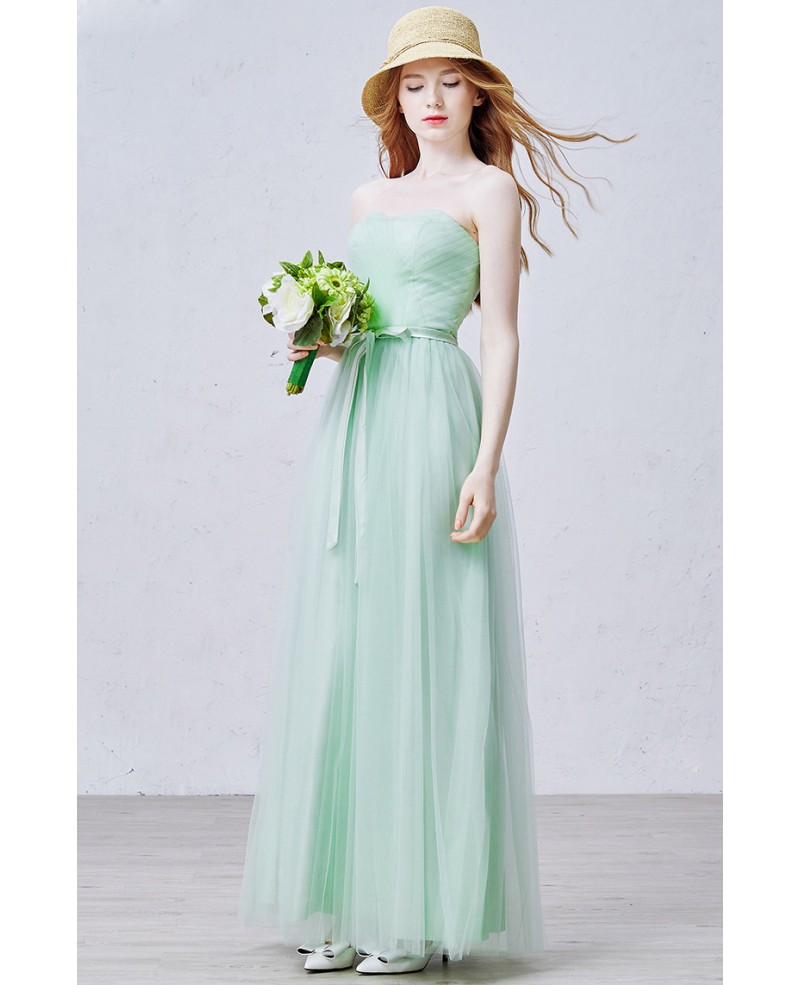 Simple A-Line Strapless Floor-Length Tulle Bridesmaid Dress With Ruffle