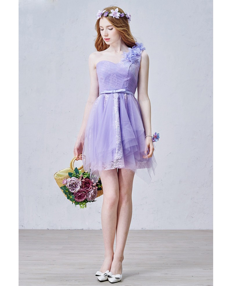 Romantic A-Line One Shoulder Short Tulle Bridesmaid Dress With Lace Flowers - Click Image to Close