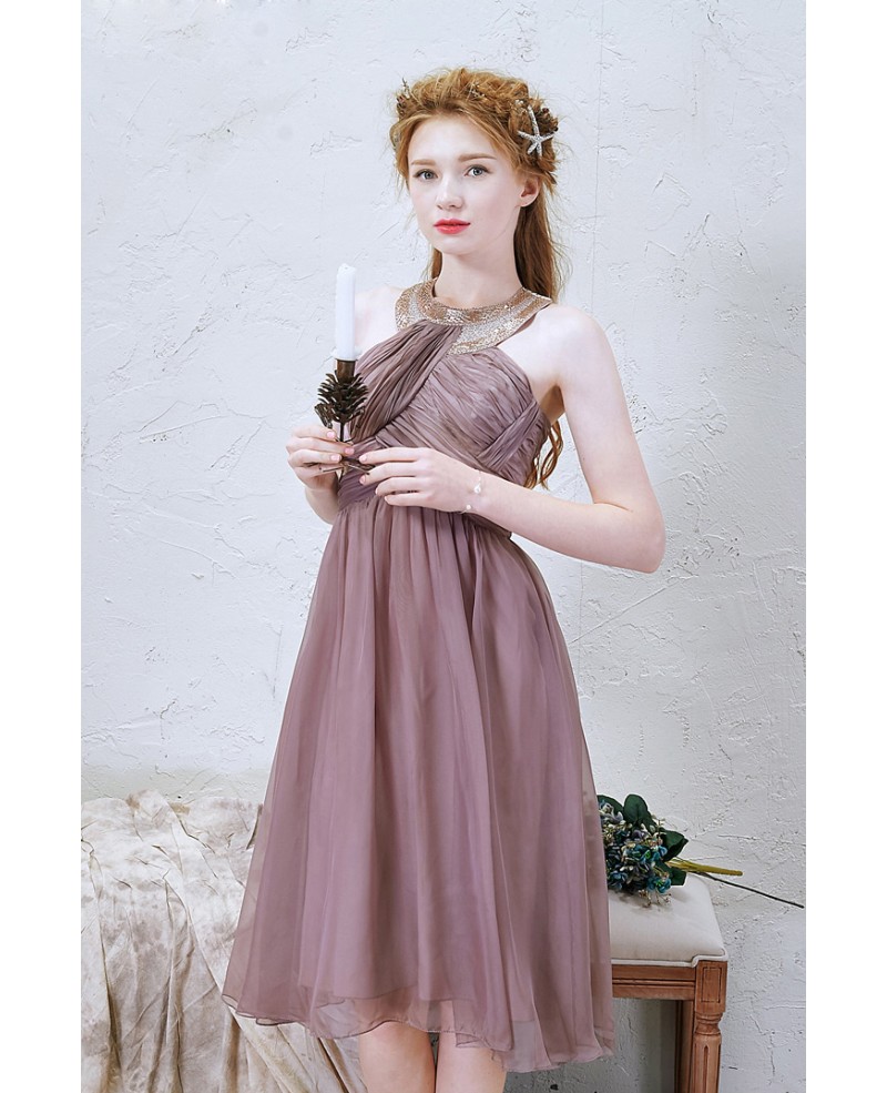 Stylish A-Line Halter Knee-Length Chiffon Bridesmaid Dress With Ruffles