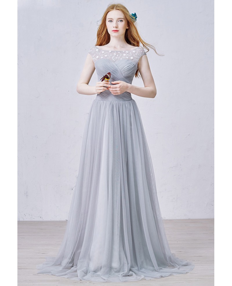 Modest A-Line Scoop Neck Sweep Train Tulle Bridesmaid Dress With Ruffles - Click Image to Close