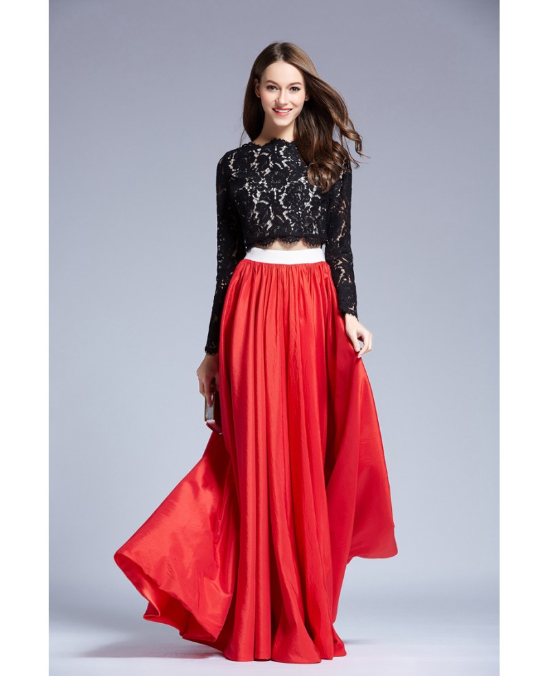 Stylish Two-Pieces Lace Satin Prom Dress With Long Sleeves - Click Image to Close
