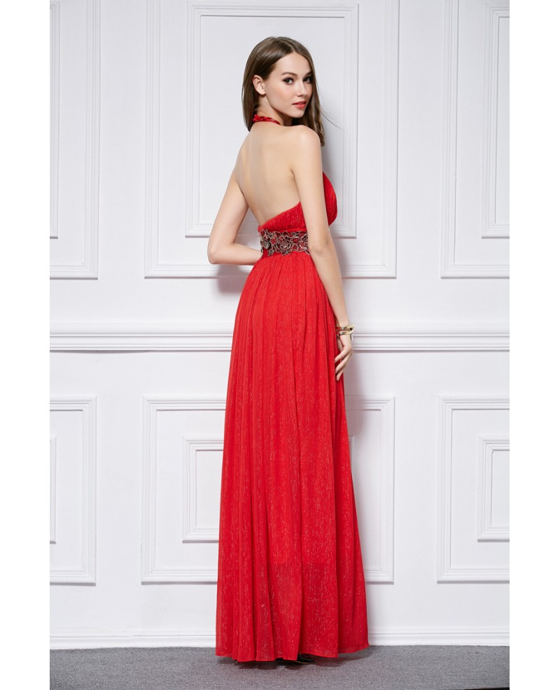 Stylish A-Line Halter Embroided Chiffon Long Prom Dress With Ruffle