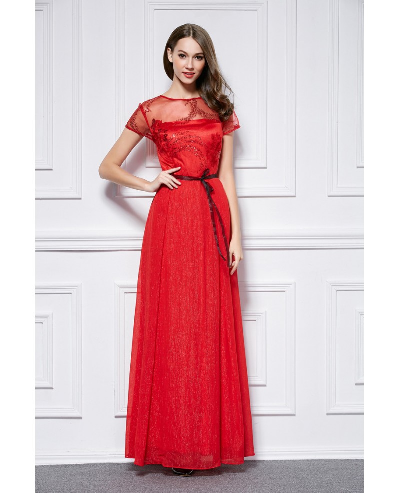Elegant A-Line Embroided Chiffon Long Prom Dress With Short Sleeves - Click Image to Close