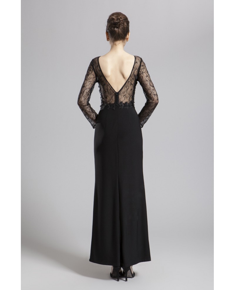 Modest Sheath Black Chiffon Lace Evening Dress With Long Sleeves - Click Image to Close