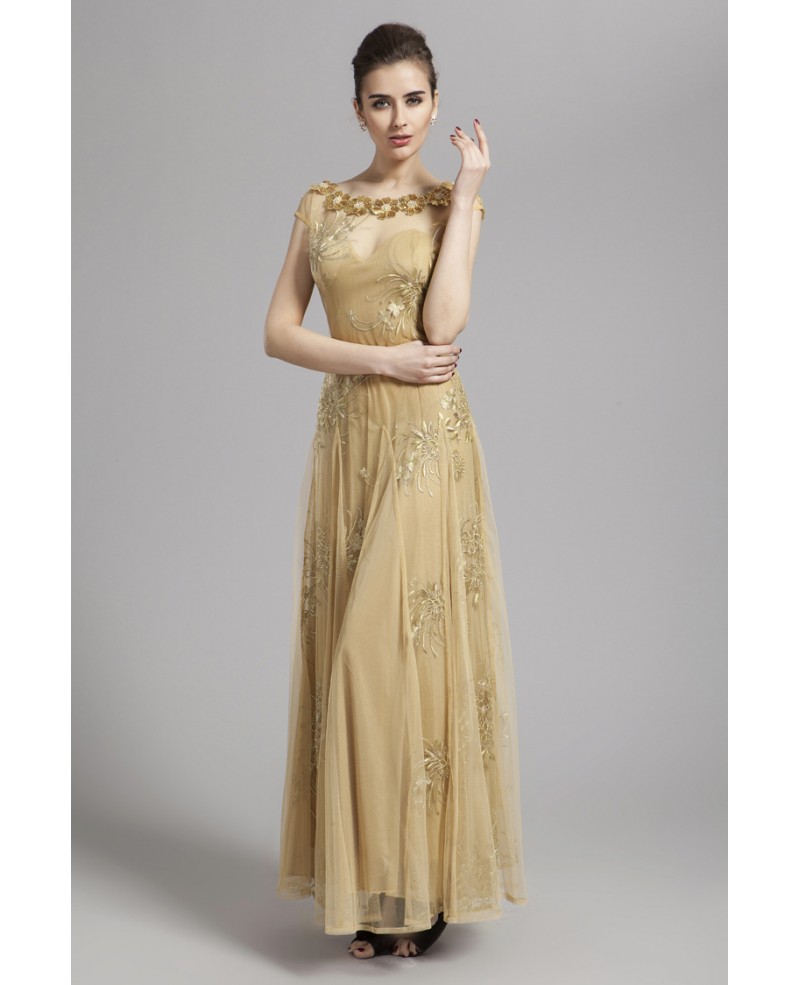Special Champagne A-Line Tulle Long Dress With Appliques Lace