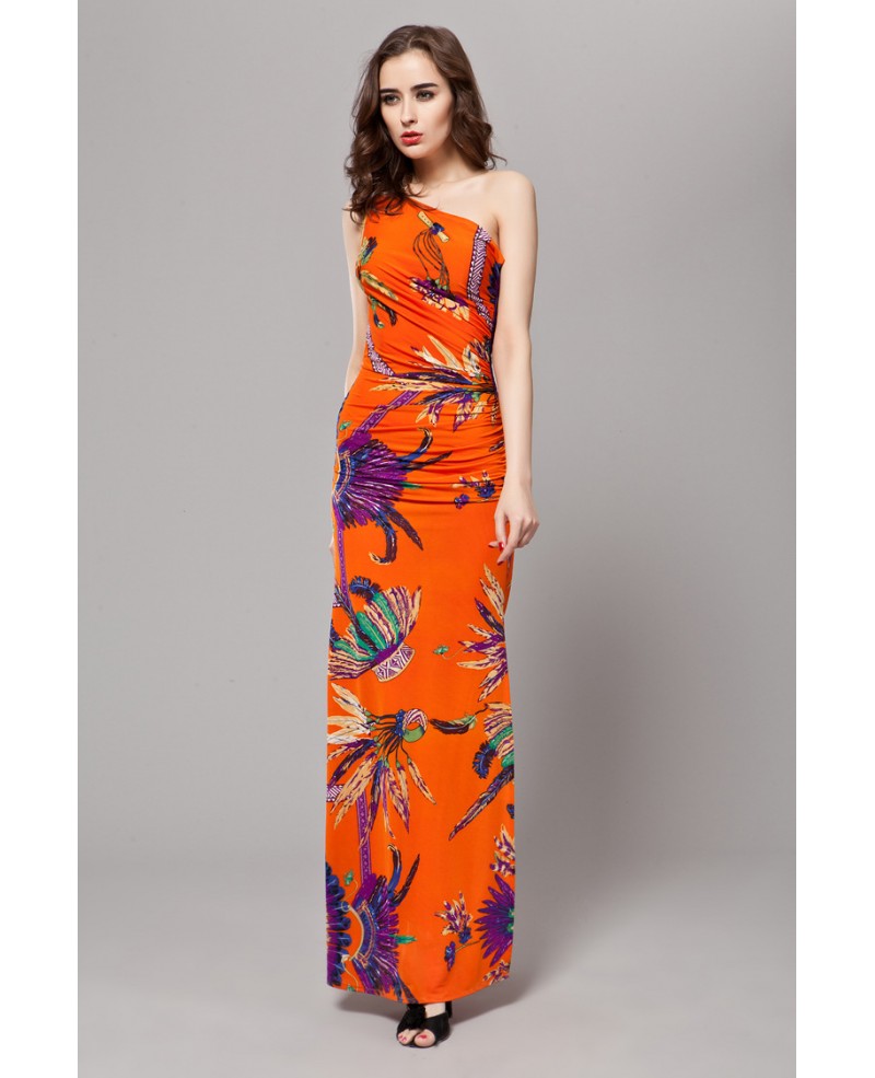 Tropical One Shoulder Printed Chiffon Long Dress With Split