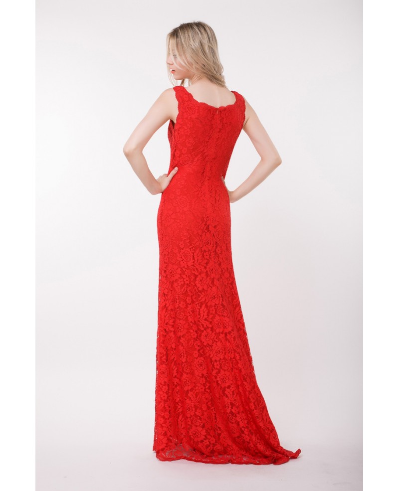 Elegant A-Line Lace Red Dress With Sweep Train