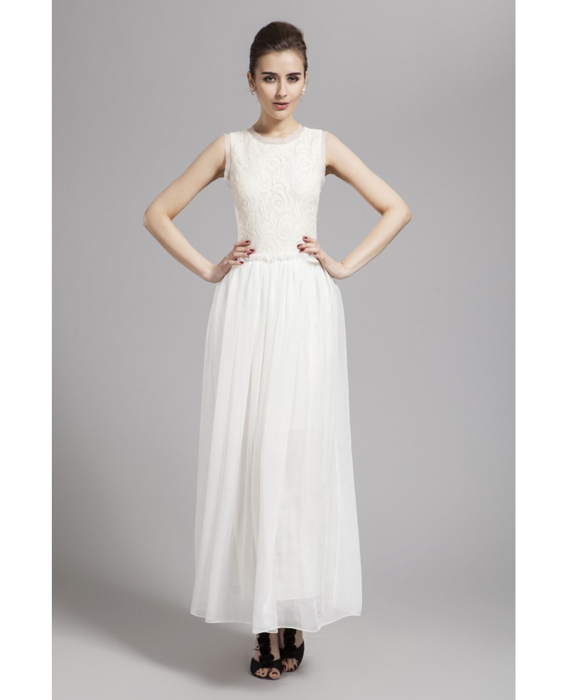 Stylish A-Line White Lace Chiffon Long Wedding Guest Dress