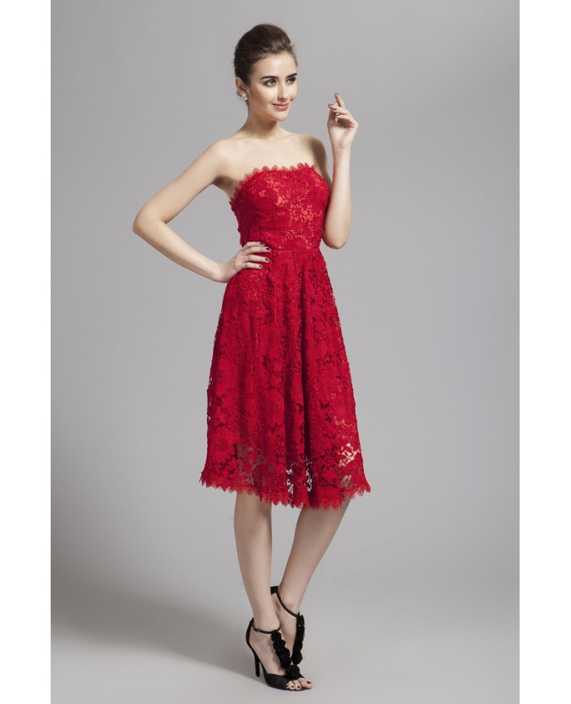 Hot Red Strapless Lace Ankle Length Short Dress
