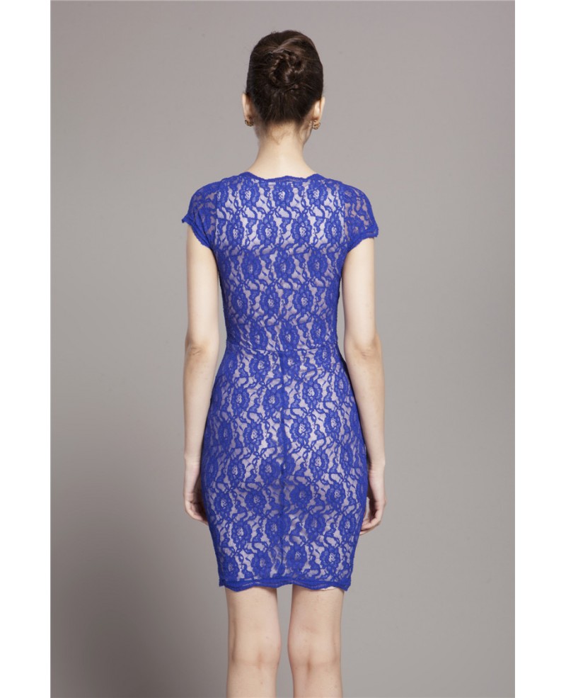 Fitted Little Blue Lace Cotail Dress Cap Sleeves