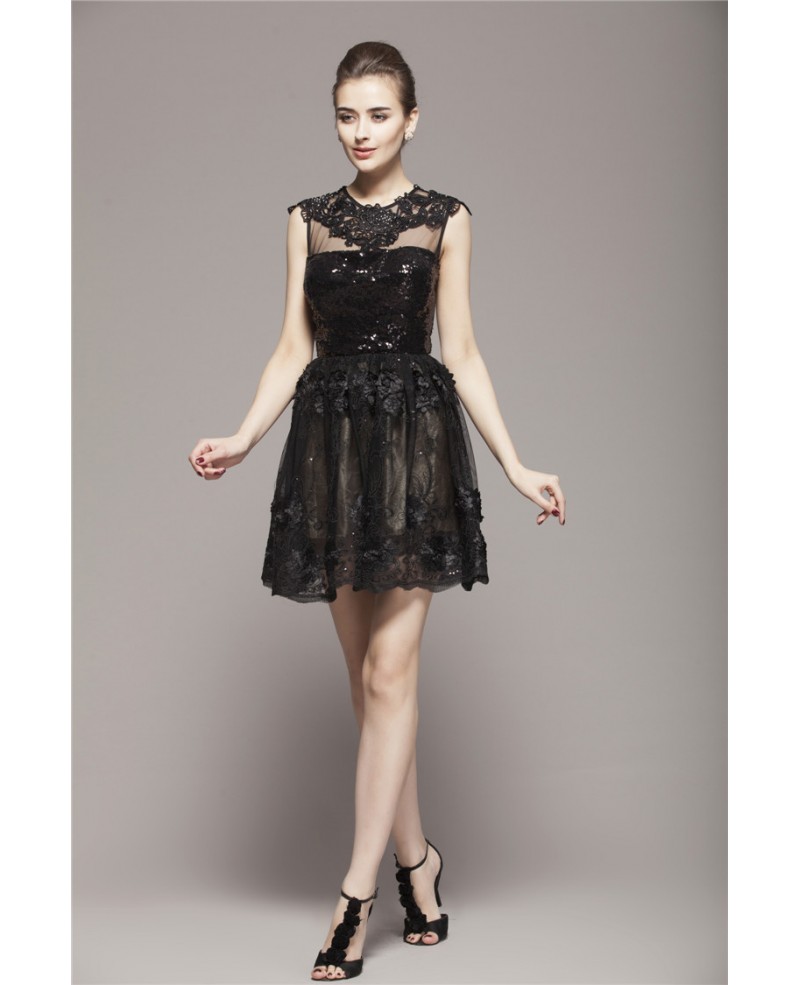 Cute Mini Black Lace Flower Short Dress Open Back