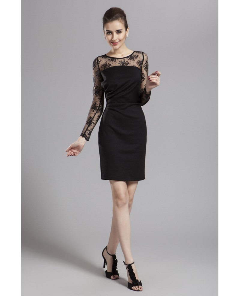 Chic Sheath Black Lace Short Wedding Guest Dress With Long Sleeves