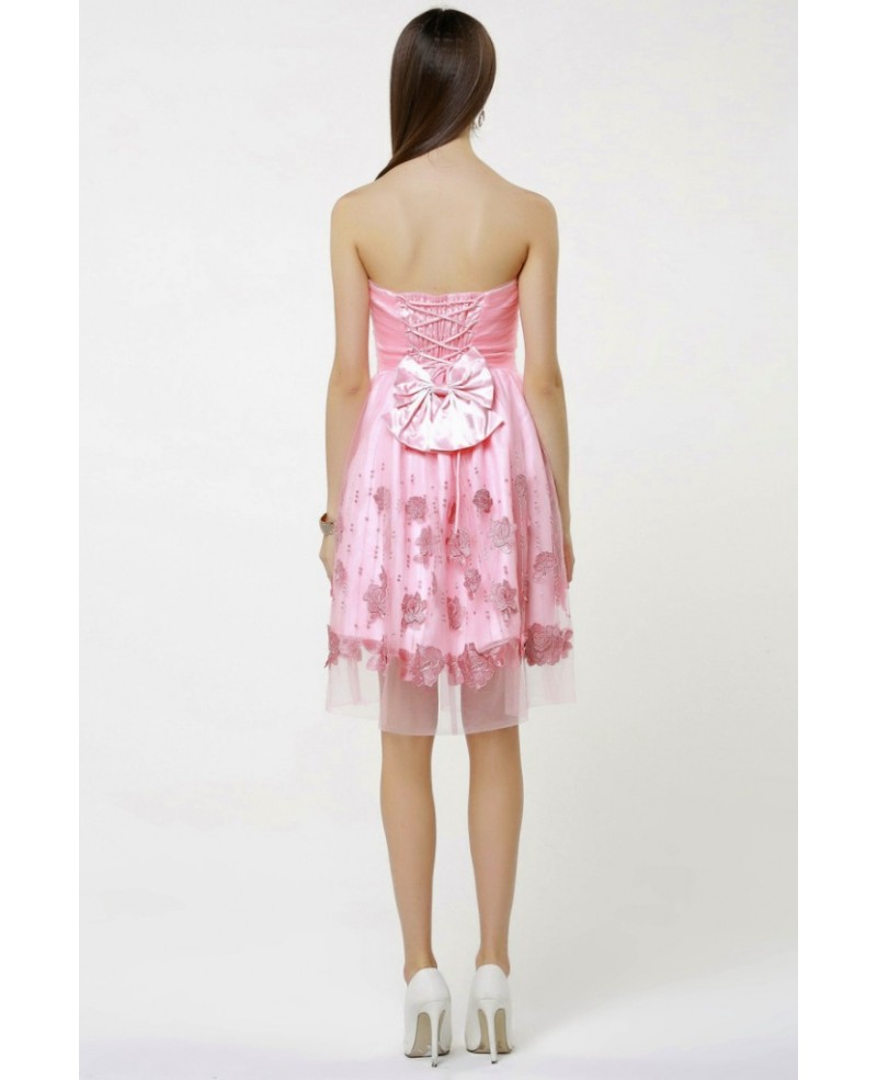 Cute Pink Tulle Short Prom Dresses with Bow Back - Click Image to Close