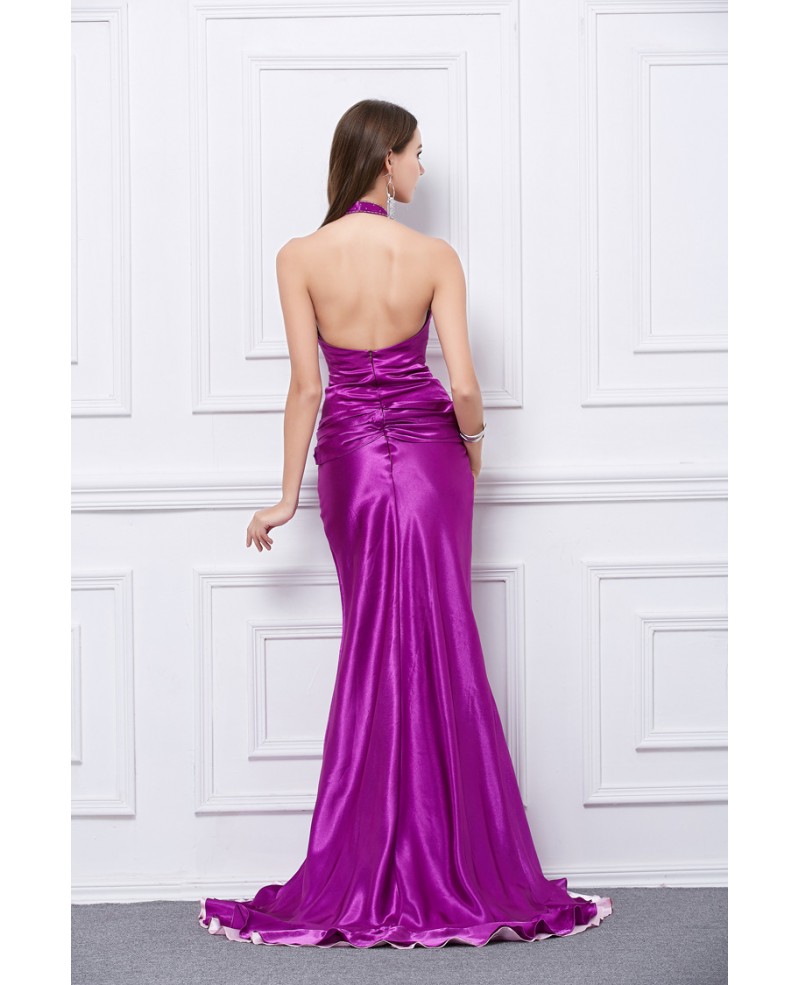 Sexy Mermaid Halter Satin Sweep Train Prom Dress With Split Beading - Click Image to Close