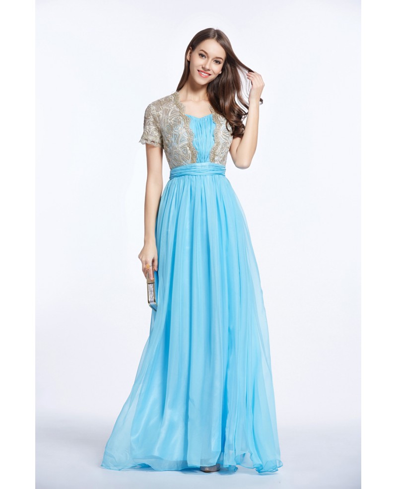 Feminine A-Line Embroided Chiffon Long Prom Dress With Sleeves - Click Image to Close